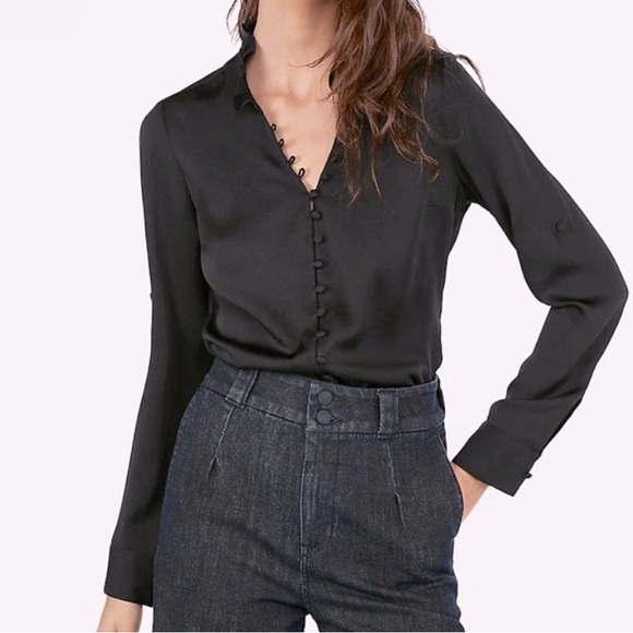 Express Black Slim Fit Ruffle Covered Button Up Portofino Shirt - Picture 1 of 3